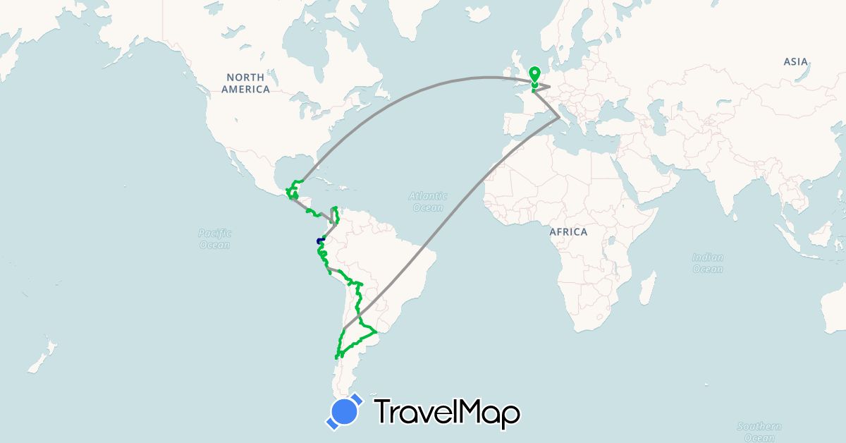 TravelMap itinerary: driving, bus, plane in Argentina, Bolivia, Chile, Colombia, Costa Rica, Germany, Ecuador, France, Guatemala, Honduras, Italy, Mexico, Panama, Peru (Europe, North America, South America)